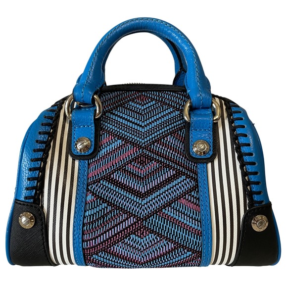 EUC Henri Bendel Centennial Mini Barrel Bag Striped Blue Tapestry - Picture 3 of 17